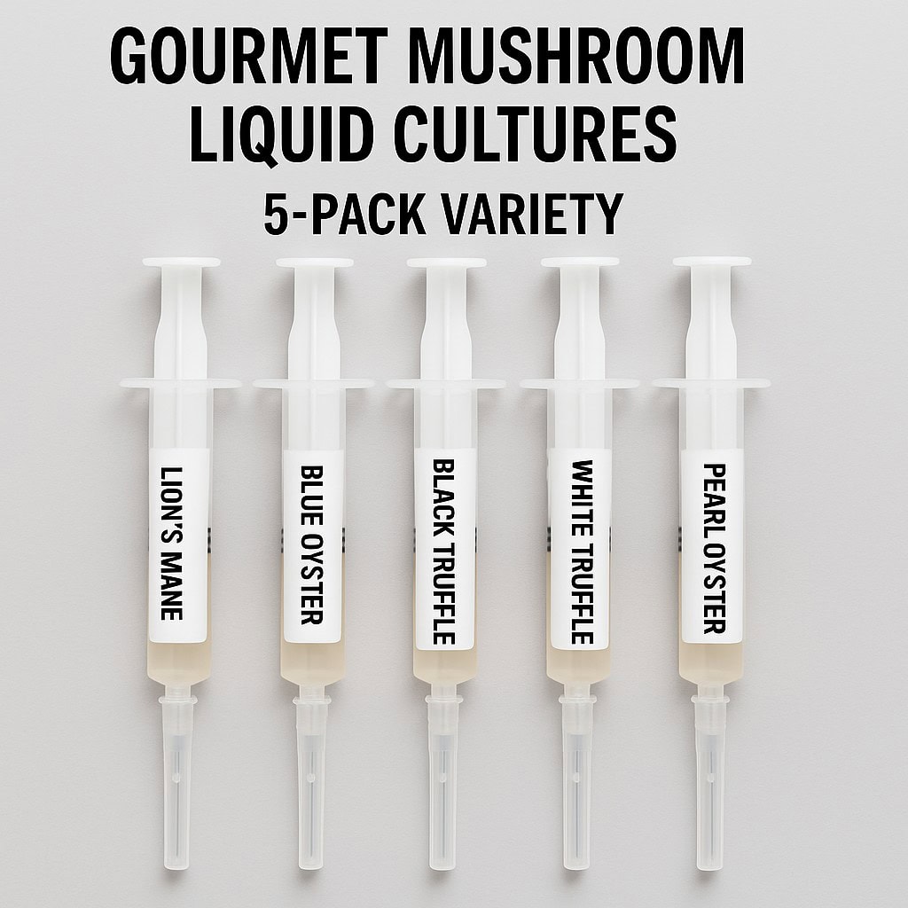 Gourmet Mushroom Liquid Cultures – 5-Pack Variety